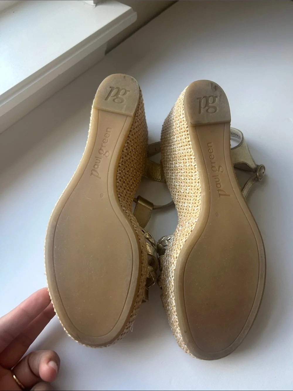 Paul Green Metallic Gold Leather T-Strap Wedge Sandals